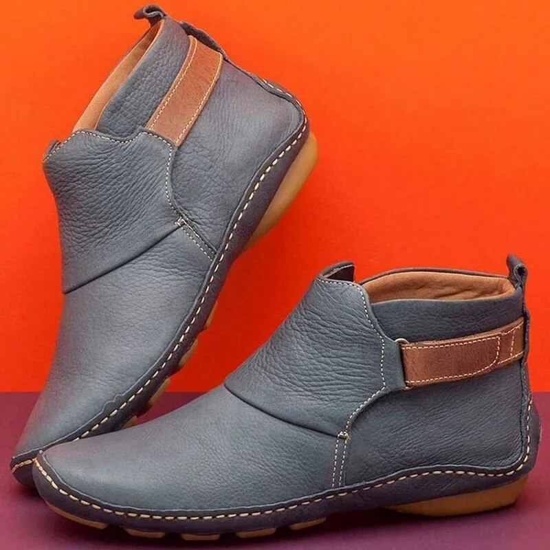 Leather Ankle Boots for Women Round Toe Stacked Heel