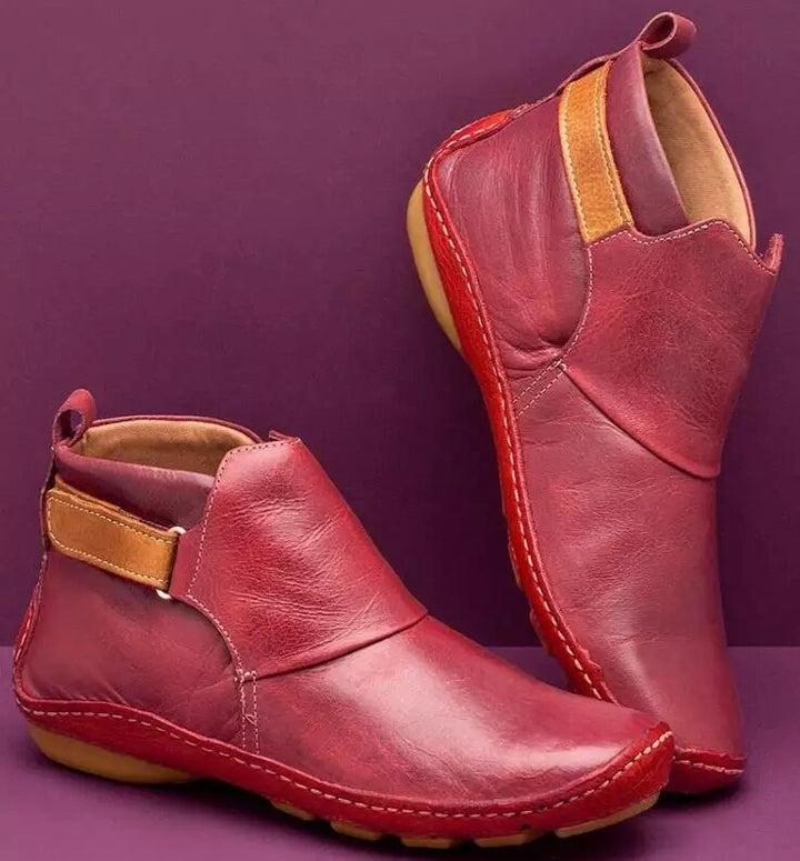 Leather Ankle Boots for Women Round Toe Stacked Heel