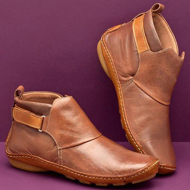 Leather Ankle Boots for Women Round Toe Stacked Heel