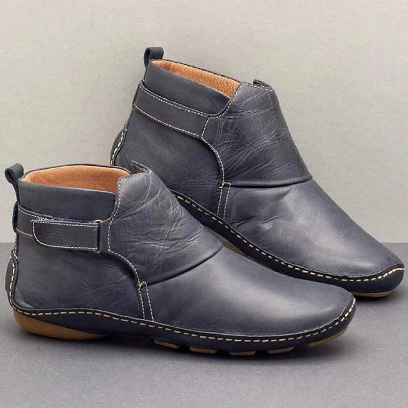 Leather Ankle Boots for Women Round Toe Stacked Heel