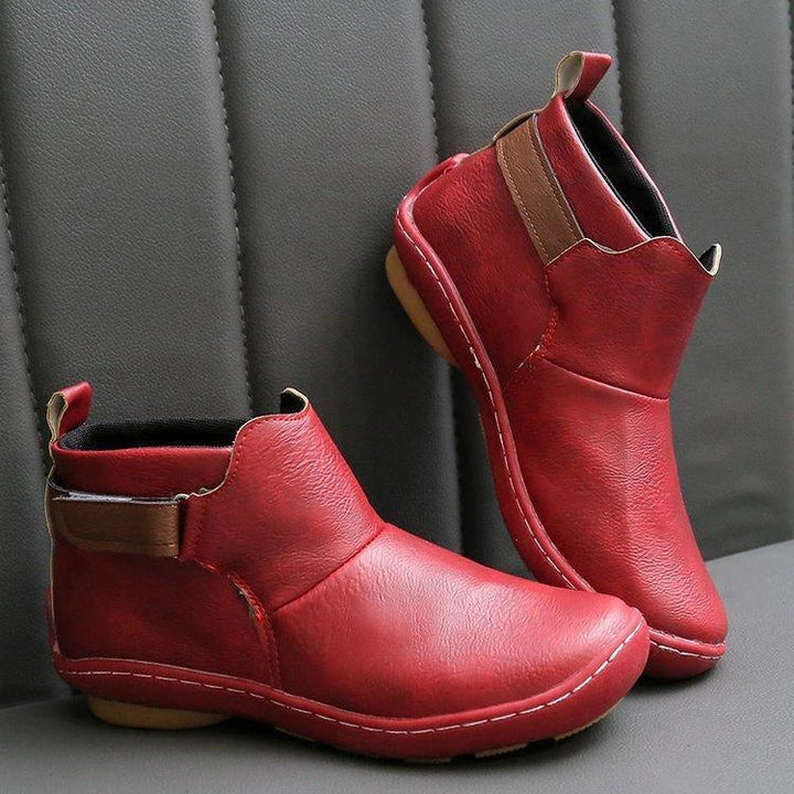 Leather Ankle Boots for Women Round Toe Stacked Heel