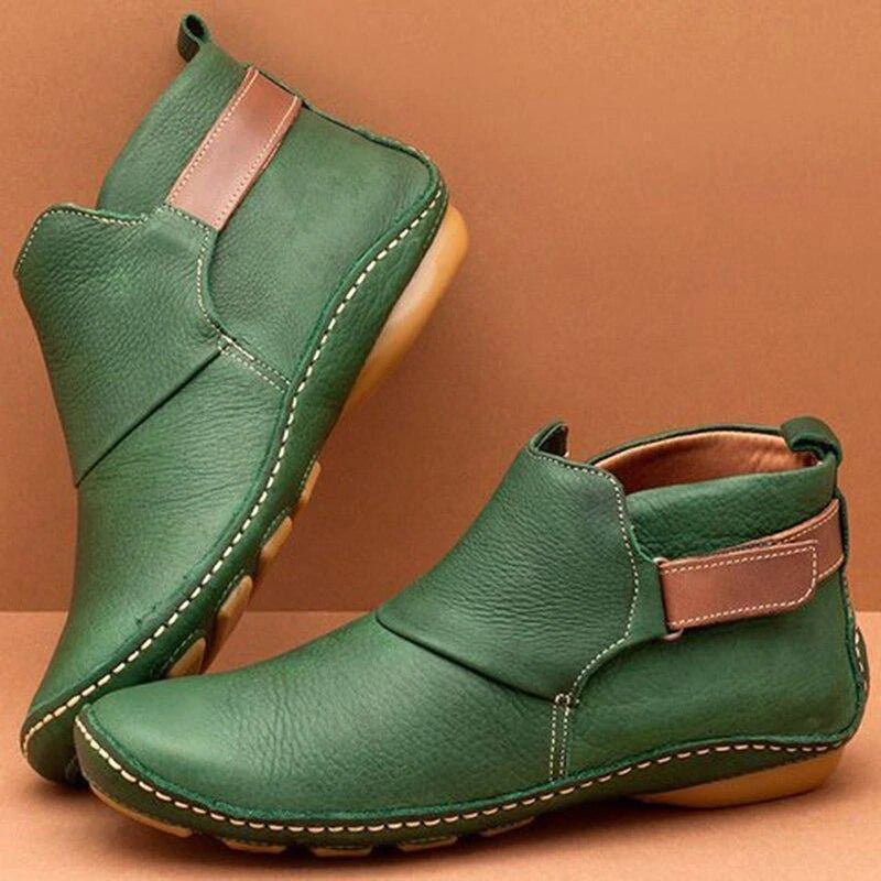 Leather Ankle Boots for Women Round Toe Stacked Heel