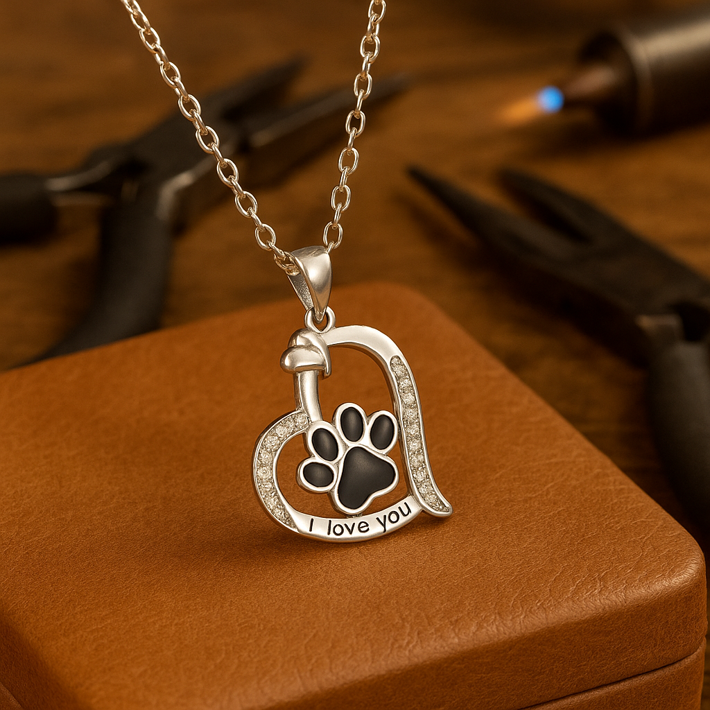 Dog Paw Print Heart Necklace with Zirconia for Pet Lovers