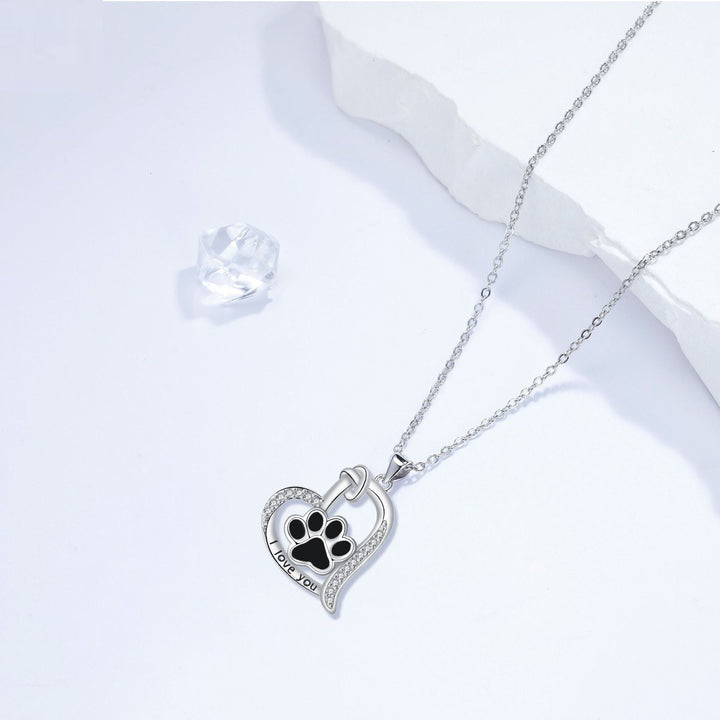 Dog Paw Print Heart Necklace with Zirconia for Pet Lovers