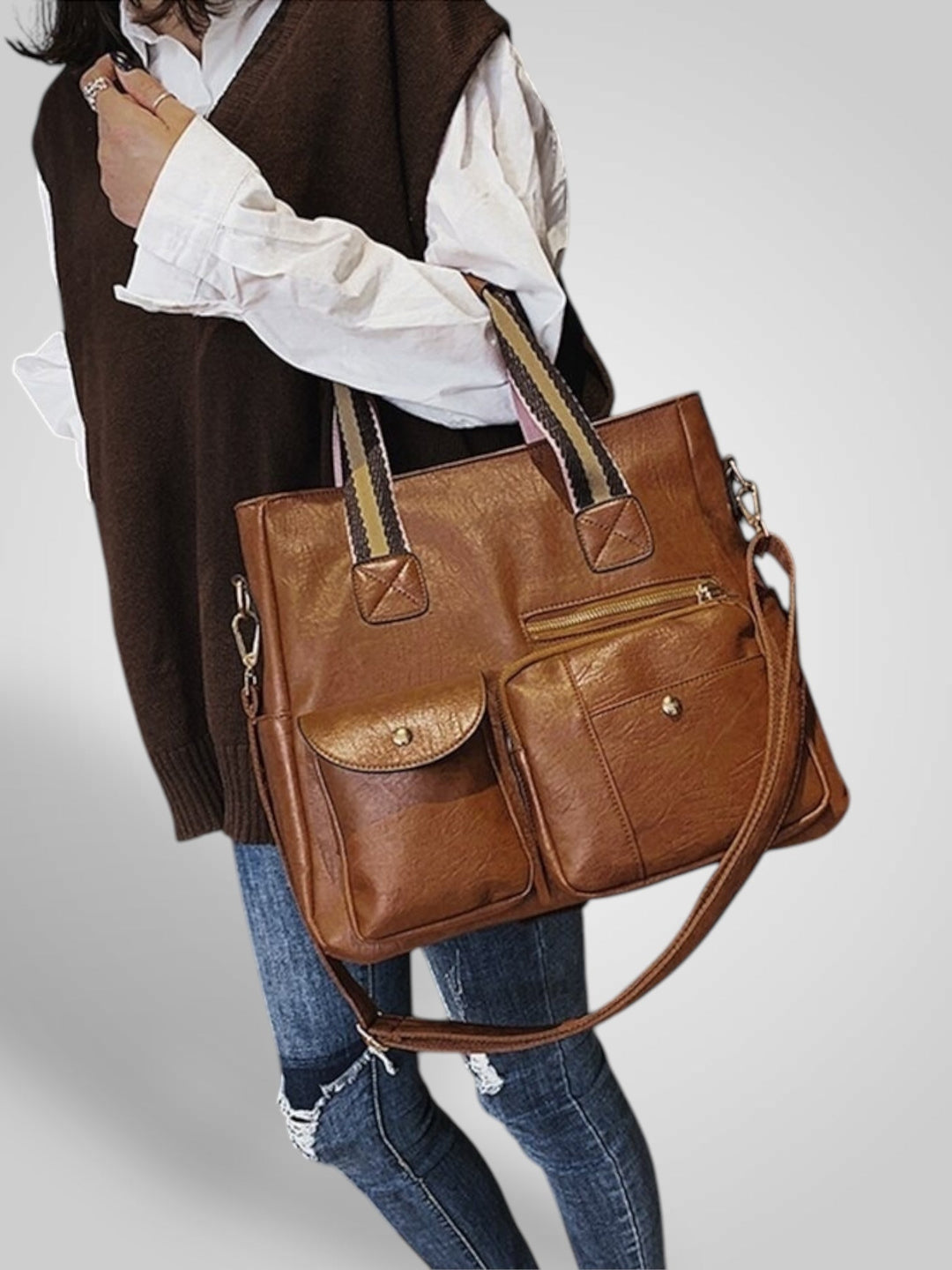 Retro Leather Shoulder Bag with Multiple Compartments