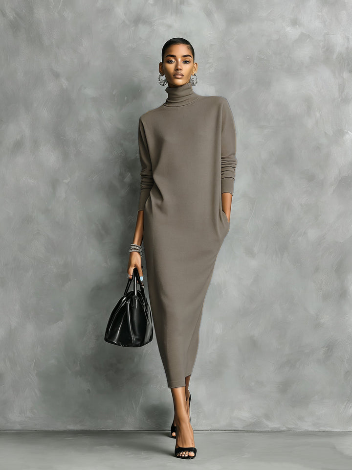 Black Turtleneck Sweater Dress - Midi Length Knit Dress