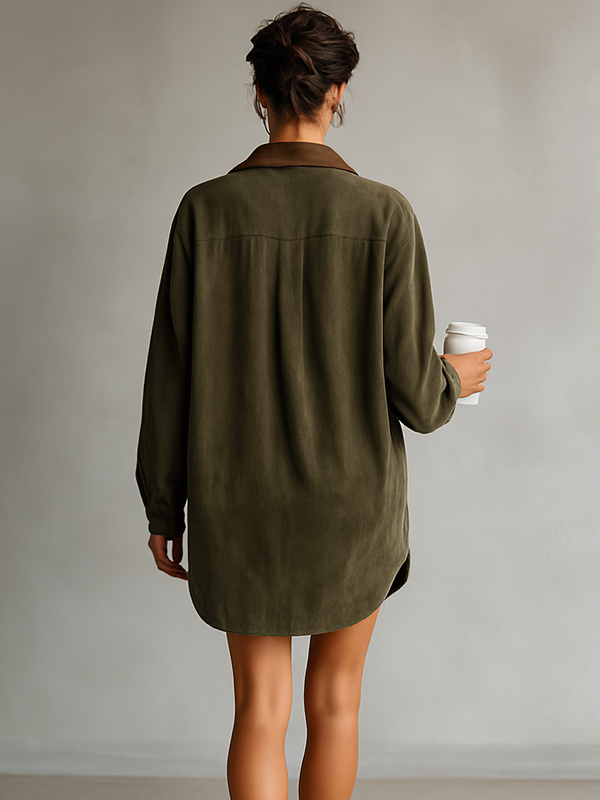 Suede Mini Dress with Leather Lapel Collar for Women