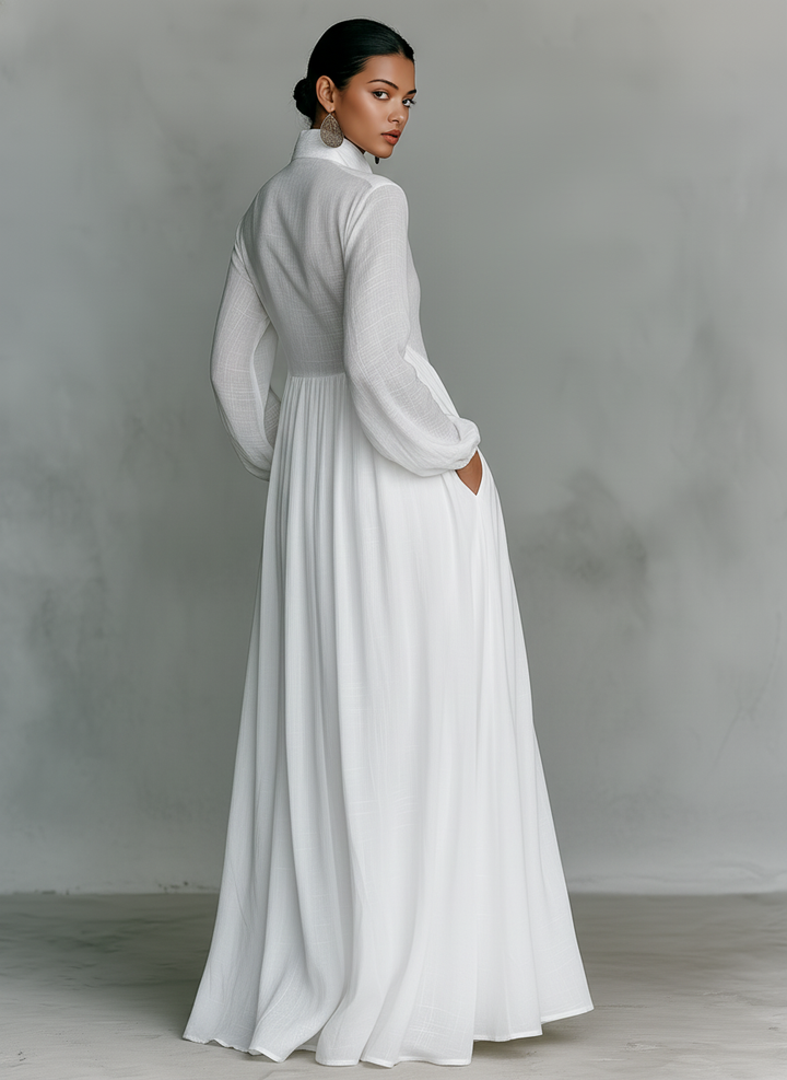 Linen Maxi Dress Long Sleeve with Patchwork Stand Collar