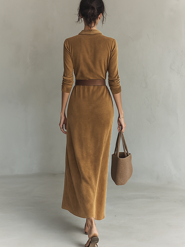 Belted Maxi Dress with Lapel Collar - Faux Suede Trench Style
