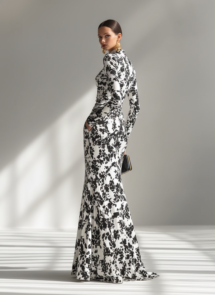 Floral Maxi Dress Long Sleeve High Neck Black White Print