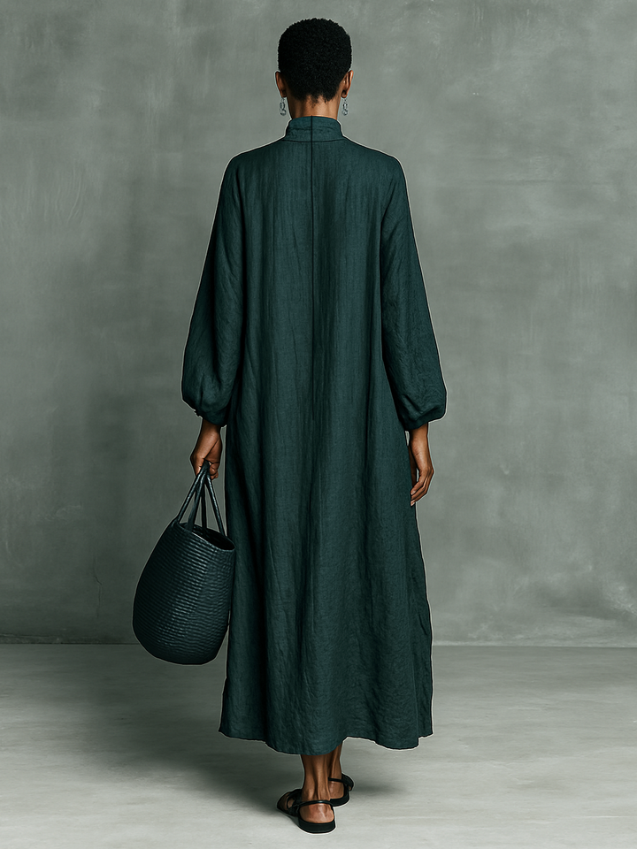 Cotton Linen Maxi Dress with Embroidered Shoulders