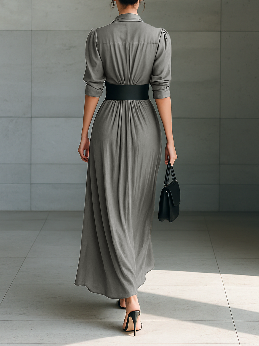 Belted Maxi Shirt Dress with Long Sleeves and Lapel Collar