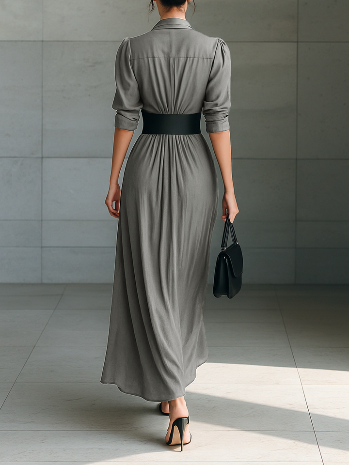 Belted Maxi Shirt Dress with Long Sleeves and Lapel Collar