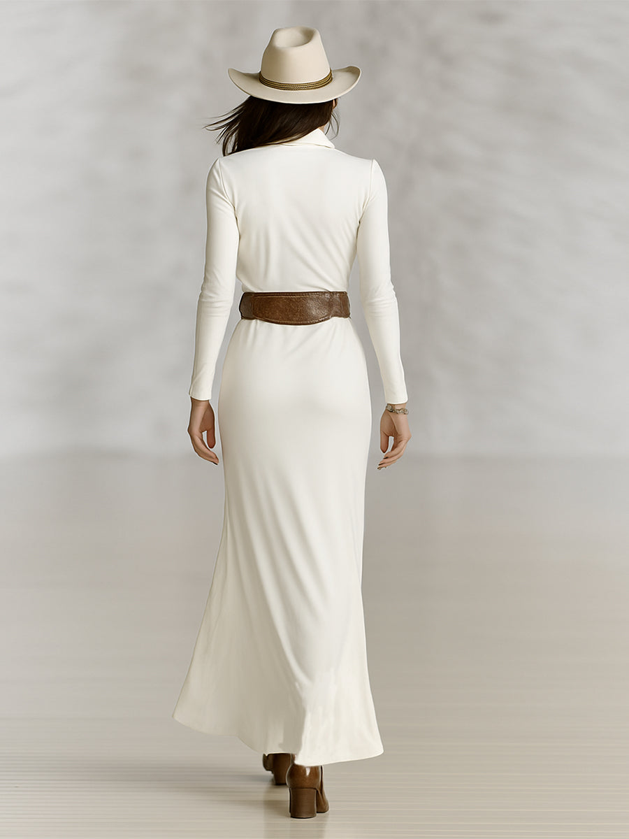 Long Sleeve Maxi Dress with Lapel Collar and Cinched Waist
