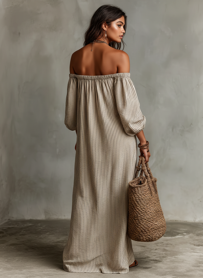 Off Shoulder Maxi Dress Cotton Linen Long Sleeve