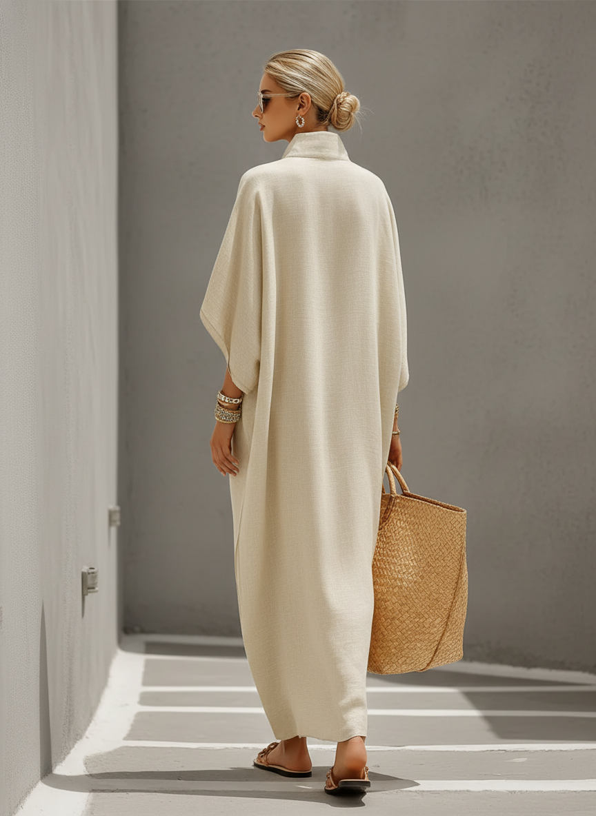 Linen Maxi Dress with Mandarin Collar for Women