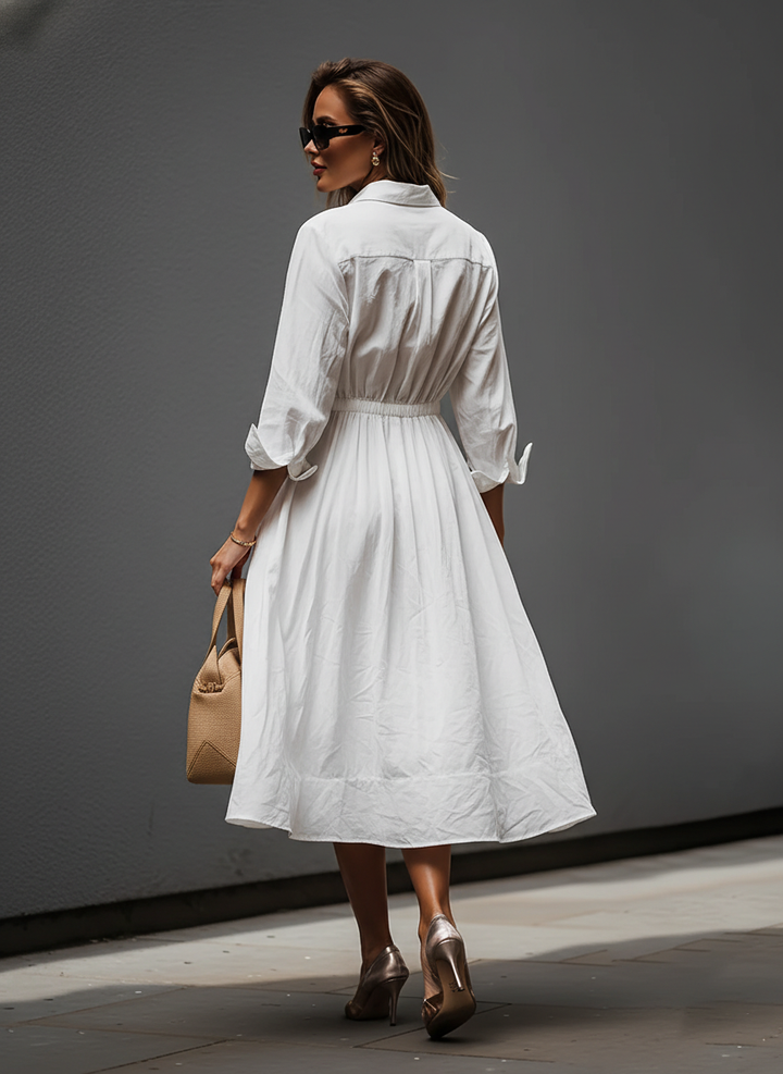 White Linen Shirt Dress for Women with Elastic Waist
