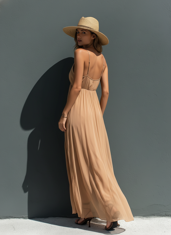 Khaki Chiffon Maxi Dress with V-Neck for Women