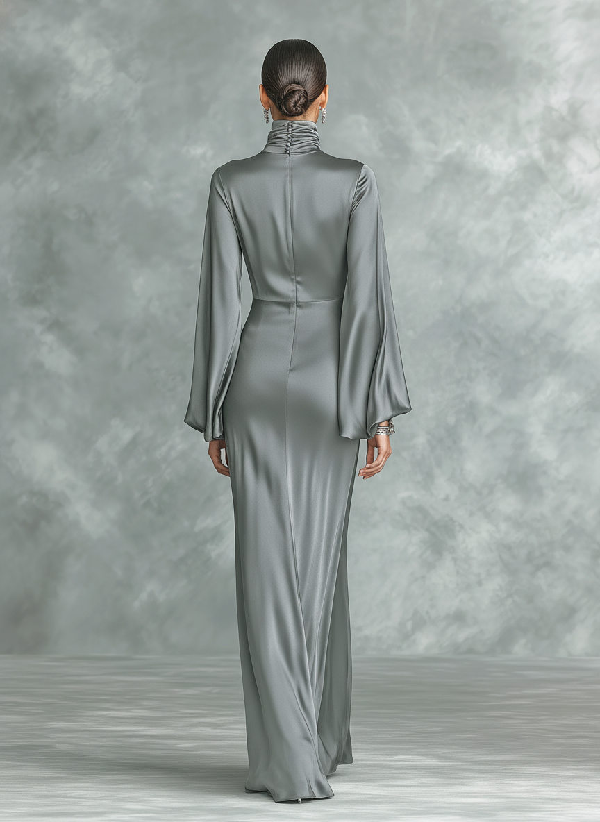 Satin Maxi Dress Long Sleeve High Neck Loose Fit Grey