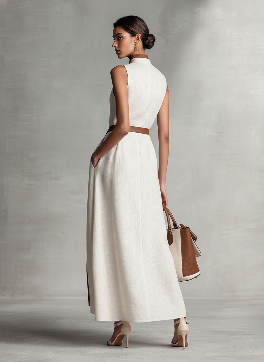 Cotton Linen Maxi Dress with Tie Waist and V-Neck