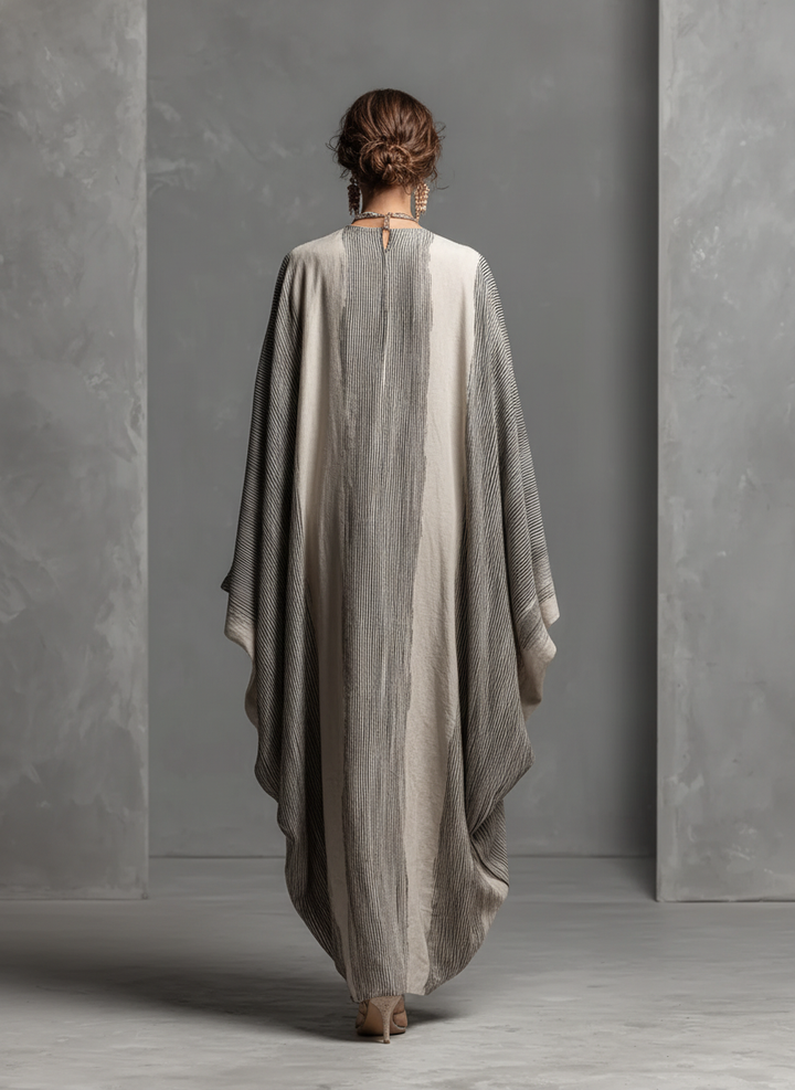 Striped Kaftan Maxi Dress - Cotton Linen V-Neck Resort Wear