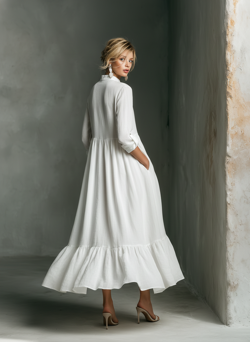 White Maxi Dress Long Sleeve with Ruffles for Women