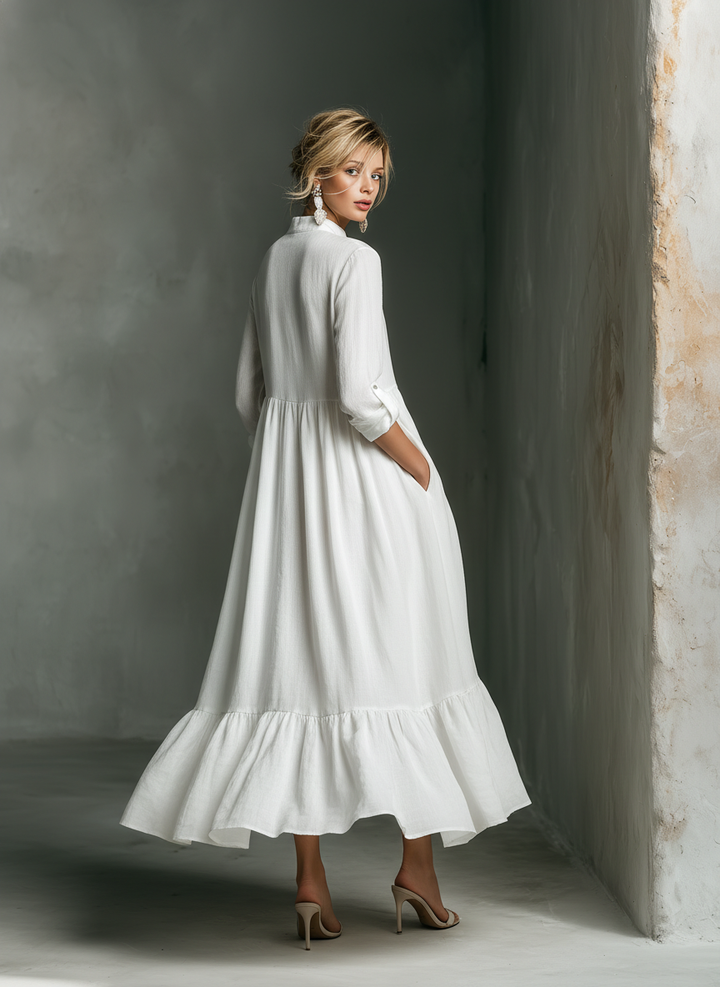 White Maxi Dress Long Sleeve with Ruffles for Women