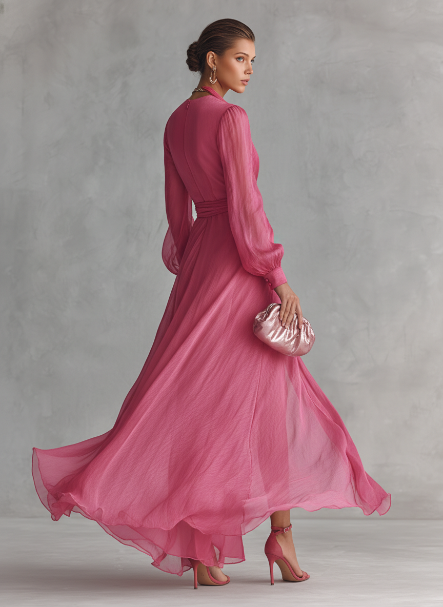 Long Chiffon Maxi Dress with Tie Waist V-Neck in Rose Pink