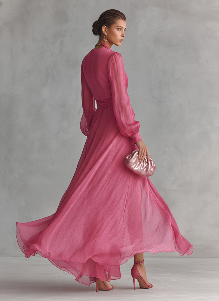 Long Chiffon Maxi Dress with Tie Waist V-Neck in Rose Pink