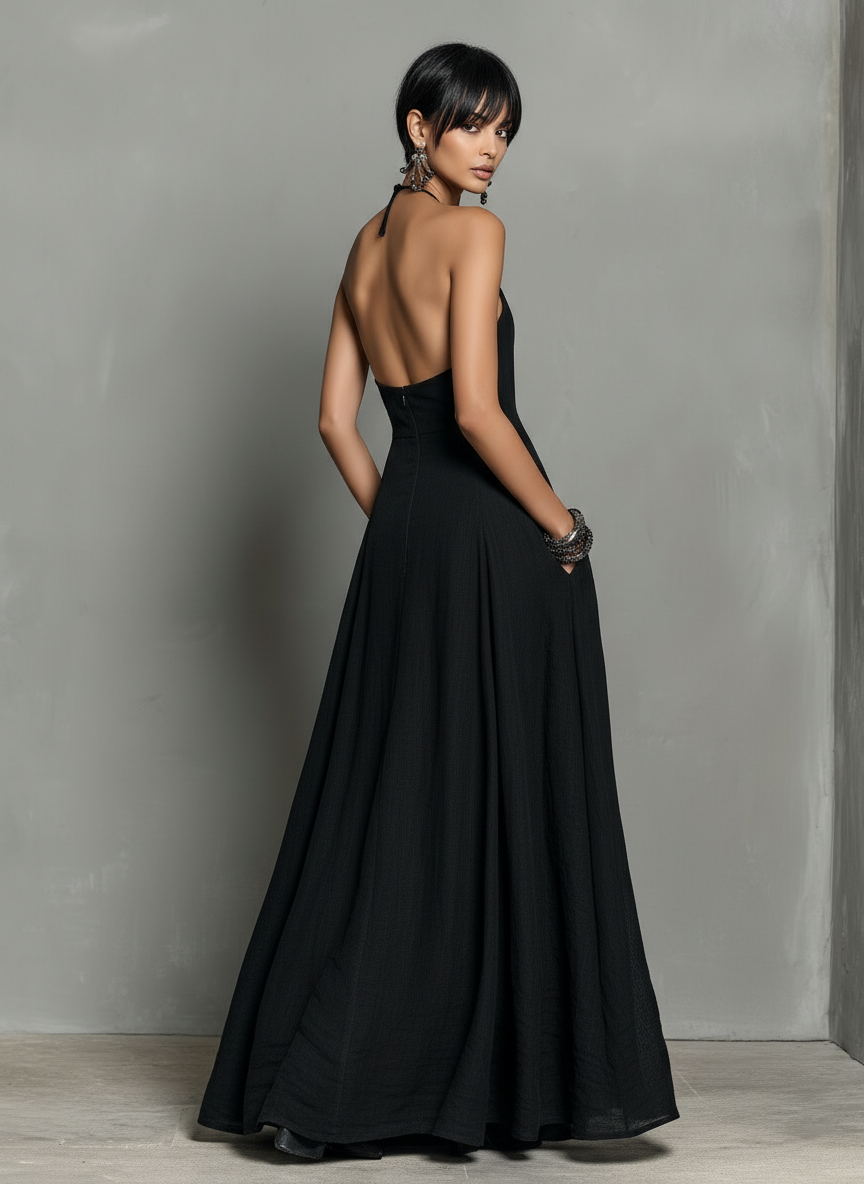 Linen Maxi Dress Halter Neck Sleeveless Summer Dress