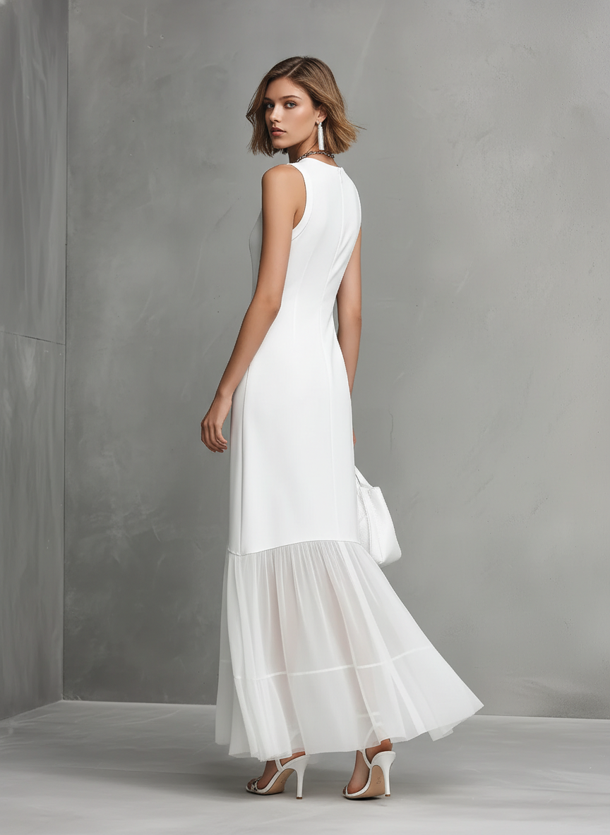 White Sleeveless Maxi Dress with Chiffon Ruffle Hem