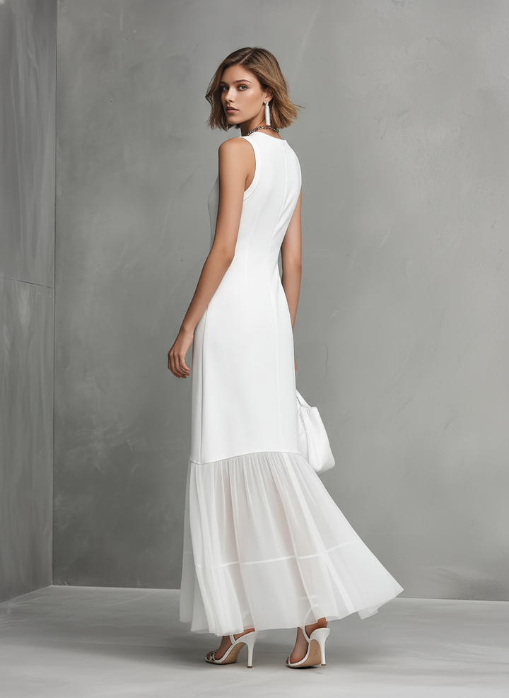 White Sleeveless Maxi Dress with Chiffon Ruffle Hem