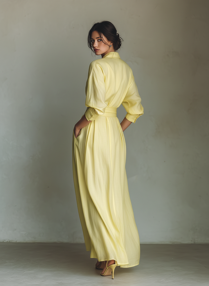 Maxi Shirt Dress in Lemon Yellow Linen Blend with Tie Waist