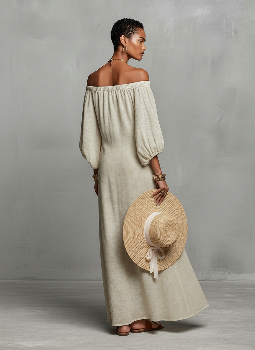 Off Shoulder Maxi Dress with Embroidery and Three Quarter Sleeves