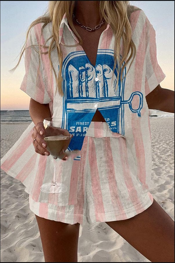 Linen Shirt and Shorts Set for Women - Two Piece Summer Outfit