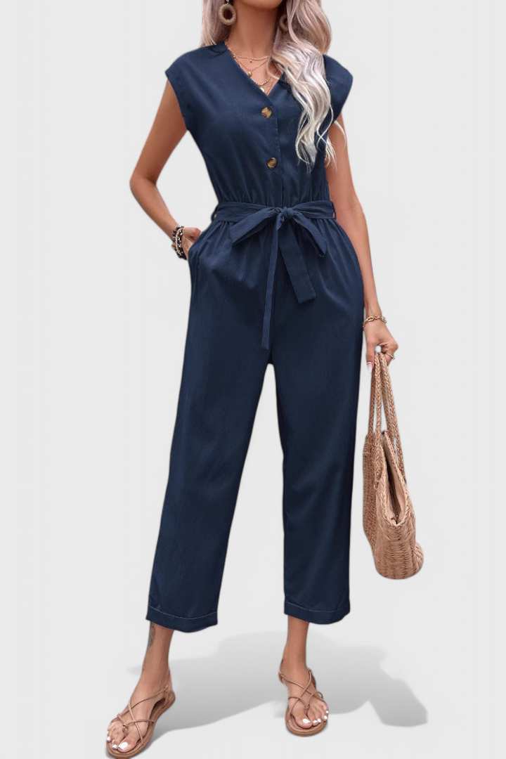 Cotton Jumpsuit for Women - Sleeveless Button Front with Tie Waist