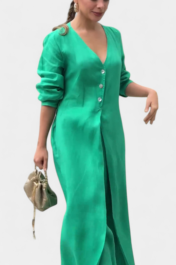 V-Neck Jumpsuit for Women with Wide Leg and Front Slit