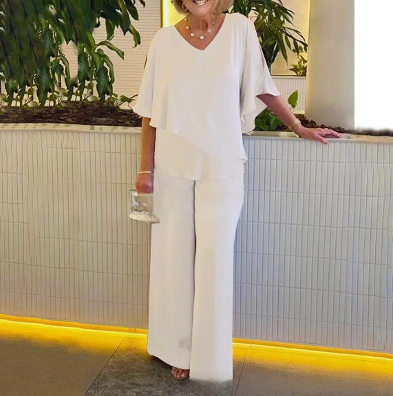 Wide Leg Pants Set for Women with Asymmetrical Top