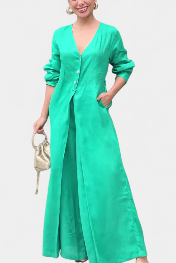 V-Neck Jumpsuit for Women with Wide Leg and Front Slit