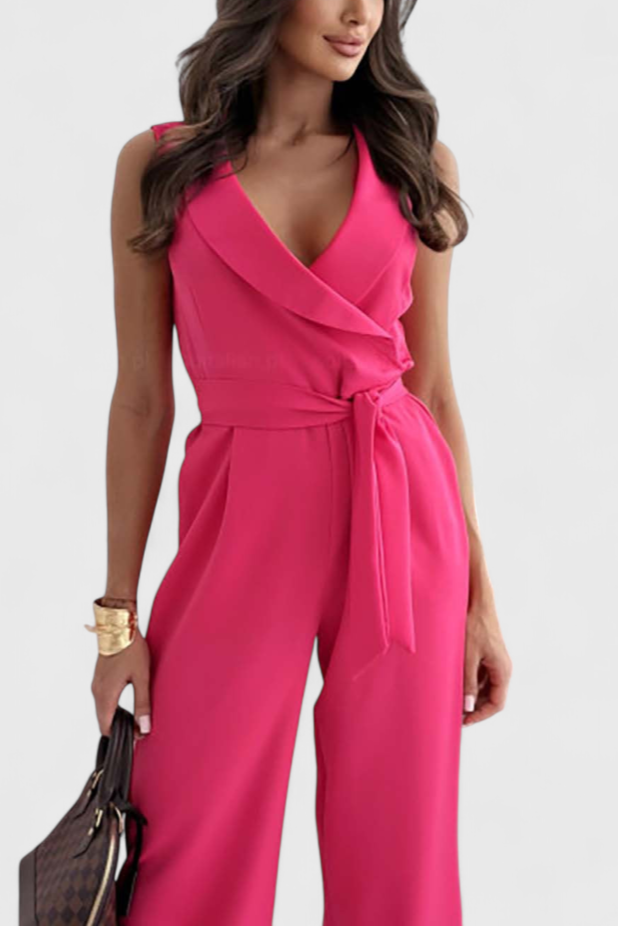 Wide Leg Jumpsuit with V-Neck and Knot Belt Detail