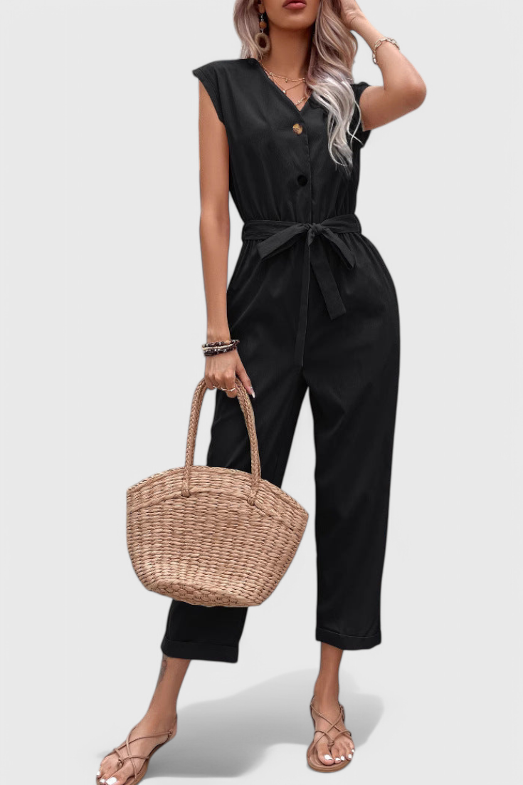 Cotton Jumpsuit for Women - Sleeveless Button Front with Tie Waist