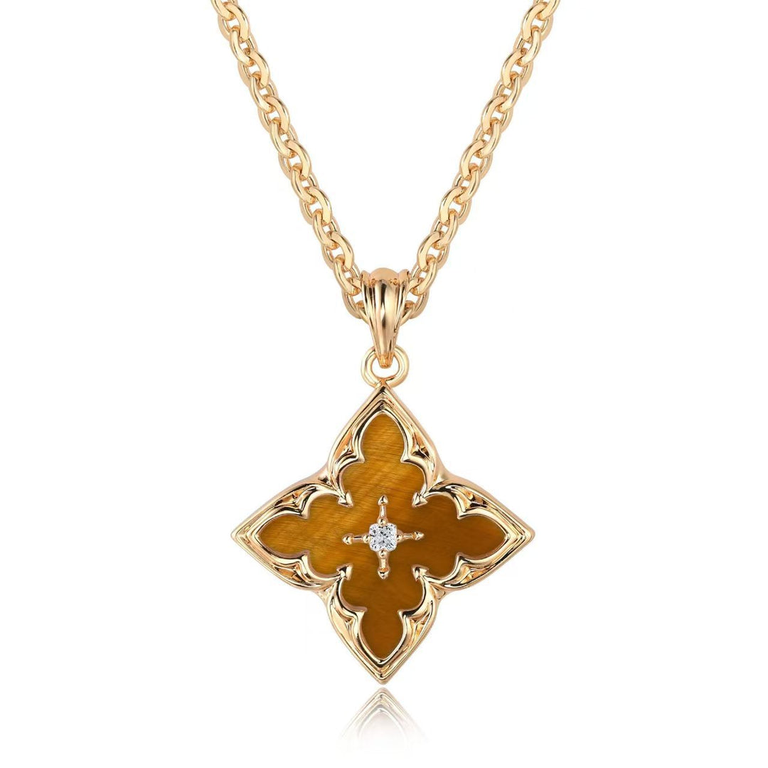 Clover Pendant Necklace in Gold with Blue Enamel Detail