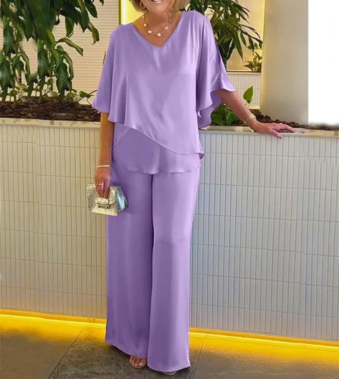 Wide Leg Pants Set for Women with Asymmetrical Top