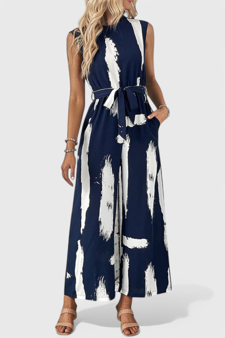 Wide Leg Jumpsuit with Tied Waist - Sleeveless Print Romper
