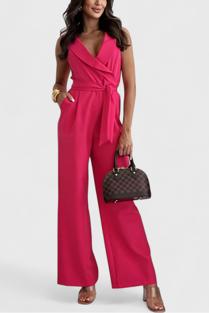 Wide Leg Jumpsuit with V-Neck and Knot Belt Detail