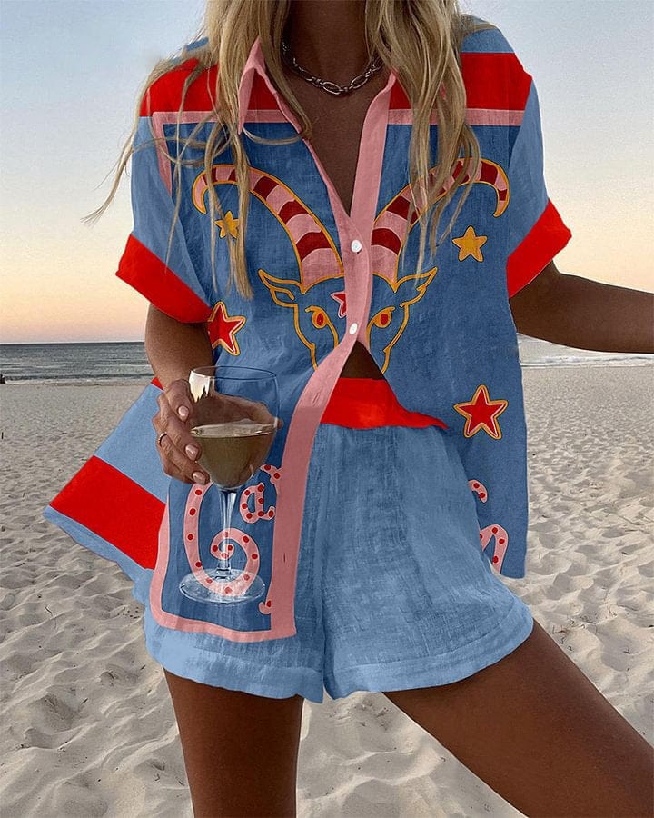 Linen Cotton Shirt and Shorts Set for Women - Casual Two Piece Outfit