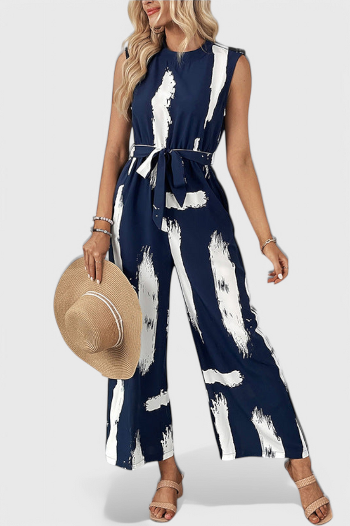 Wide Leg Jumpsuit with Tied Waist - Sleeveless Print Romper