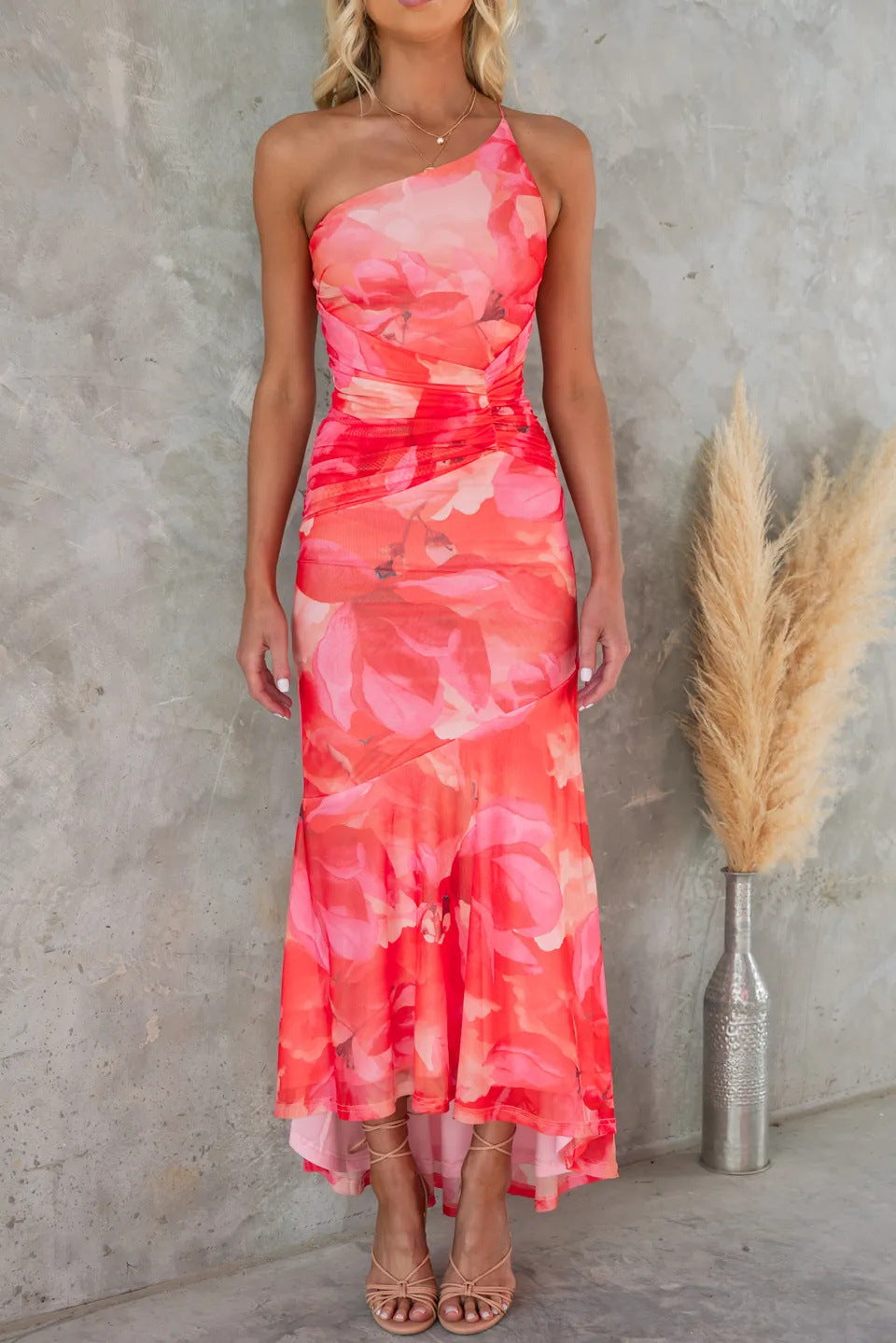 Purple Floral One Shoulder Maxi Dress for Women