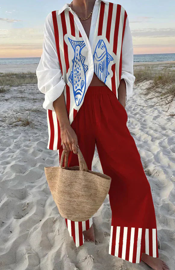 Linen Cotton Two Piece Set for Women - Relaxed Shirt and Pants
