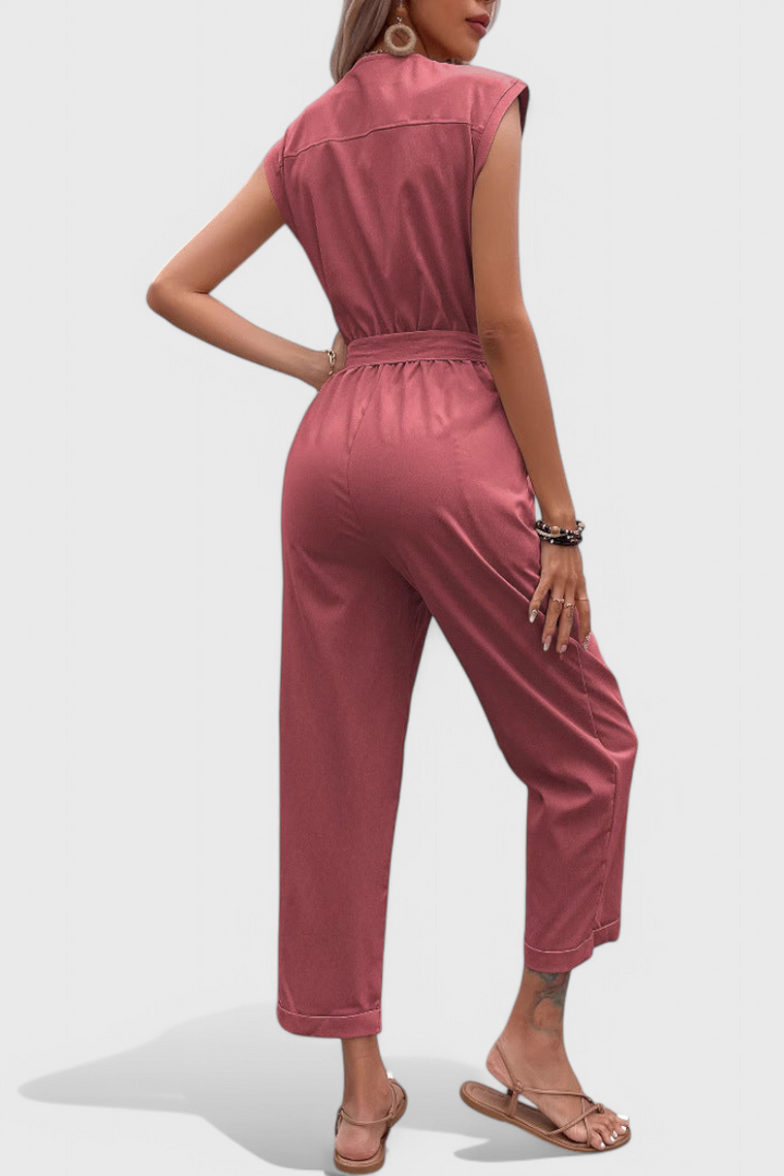 Cotton Jumpsuit for Women - Sleeveless Button Front with Tie Waist
